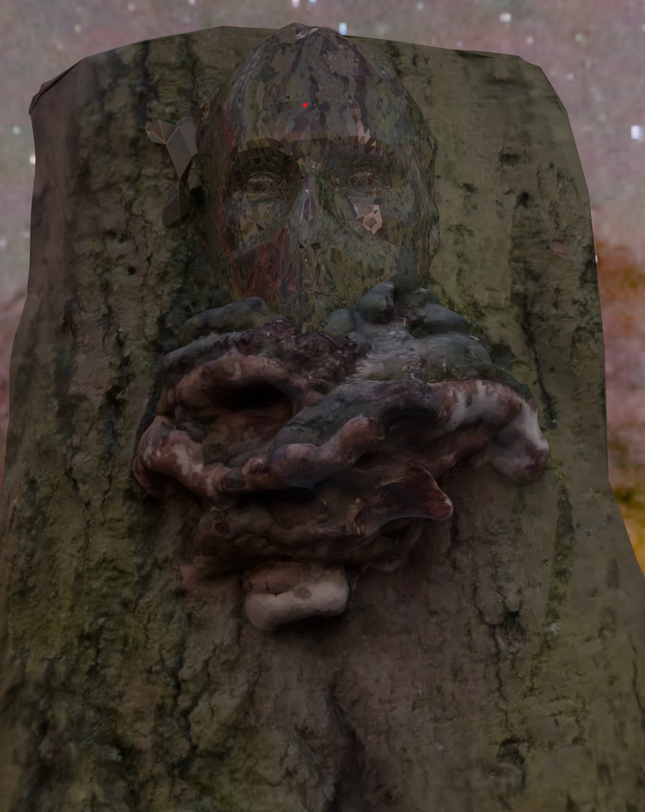 A face is emerging from a tree stump over a fungal growth in front of a cosmic background
